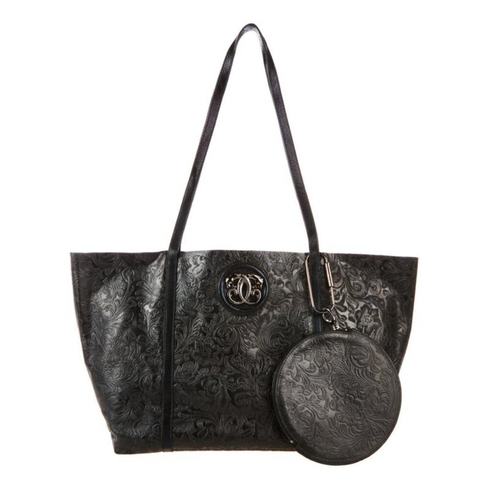 Sharif Legacy Tooled or Snake Leather Light Weight Tote Set Black Paisley Floral